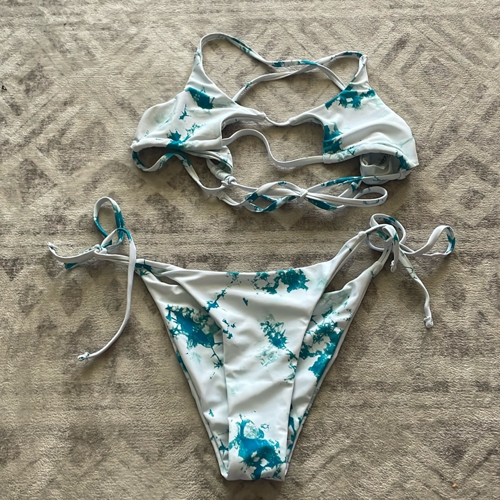 Medium 2 piece swimsuit with blue/white tyedye and adjustable tie straps